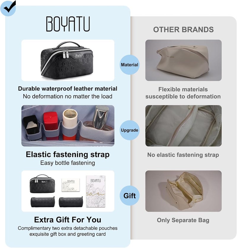BOYATU Travel Makeup Bag for Women: Cosmetic Organizer Bag with Compartments - Leather Make up Bags Set of 3 (G-4-Black) - Image 3